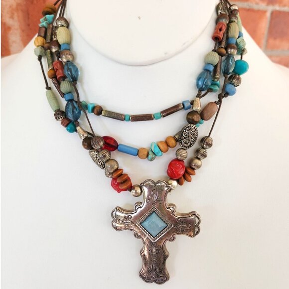 Bohemian Multi-Strand Beaded Cross Necklace Turquoise Southwestern Boho Chic - Picture 1 of 8
